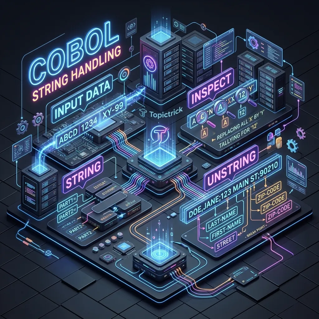 COBOL String Handling: STRING, UNSTRING, INSPECT, and Functions